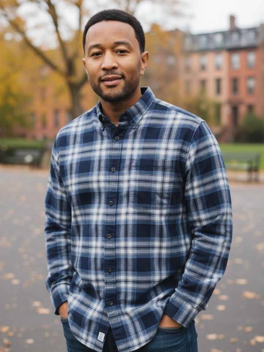 Eddie Bauer Navy and White Plaid Button-Down Shirt